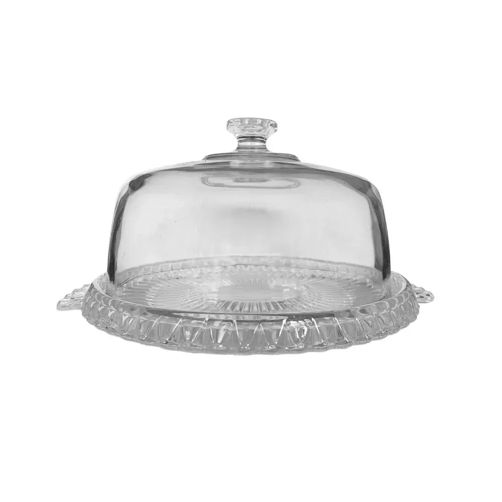 Vintage Federal Glass Petal Cake Stand Platter Plate with Heavy Clear Glass Dome